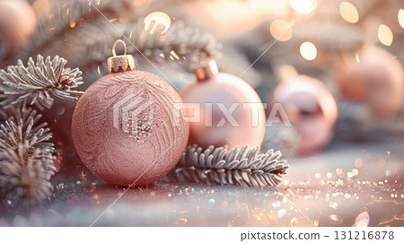 Elegant Rose Gold Ornaments on Frosted Pine Branches for Christmas Elegant Rose Gold Ornaments on Frosted Pine Branches for Christmas 131216878