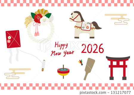 簡單可愛的馬年新年插畫套裝 簡單可愛的馬年新年插畫套裝 131217077
