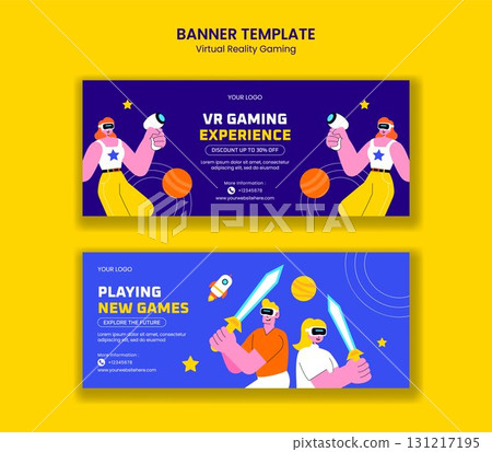 Cartoon Hand Drawn Background Templates Virtual Reality Gaming Illustration for Horizontal Banner 131217195