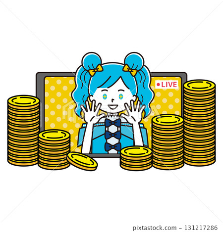 Illustration of a female idol doing live streaming and a pile of coins 131217286