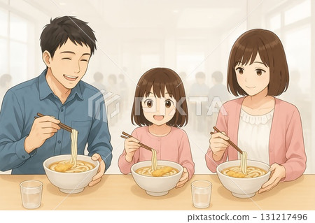 家長和孩子們在烏龍麵專門店吃烏龍麵 家長和孩子們在烏龍麵專門店吃烏龍麵 131217496