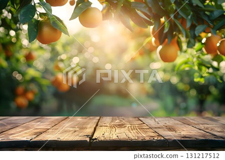 empty wooden, blurred background garden in the morning, summer 131217512