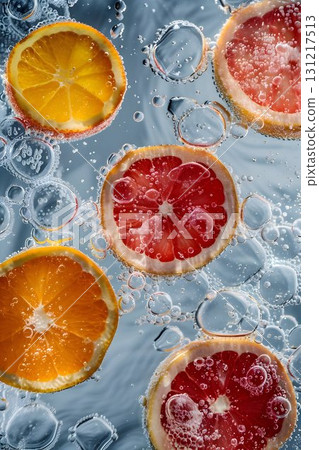 flat lay fresh grapefruit and orange slices floating in crystal-clear water 131217513