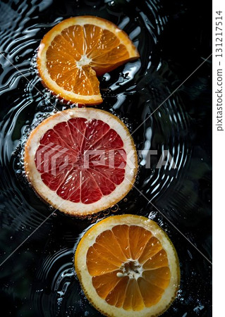 flat lay fresh grapefruit and orange slices floating in crystal-clear water 131217514
