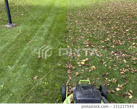 Lawn mower on autumn grass Lawn mower on autumn grass 131217543