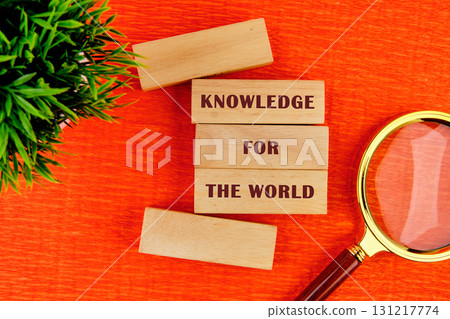 Business, success, idea, learning, planning, Education concept. KNOWLEDGE FOR THE WORLD assembled from wooden blocks in composition with magnifying glass and green plant on orange background, top view 131217774