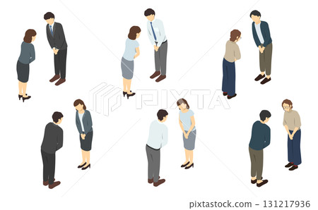 Isometric illustration: Set of men and women in suits bowing 131217936
