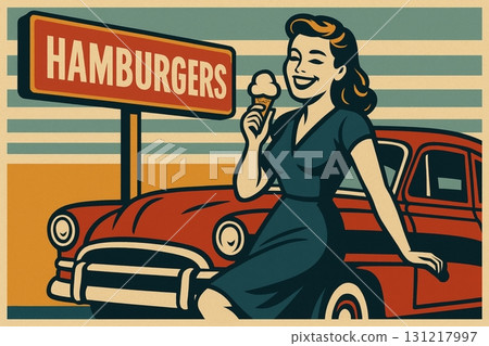 一位女士在漢堡店和一輛老爺車前享用冰淇淋 131217997