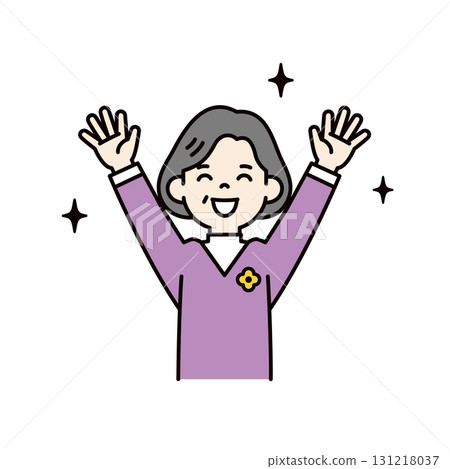 A simple upper body vector illustration of a woman in her 60s or 70s raising both hands in joy. Color 131218037