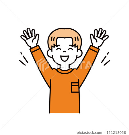 A simple upper body vector illustration of a young boy with his arms outstretched and smiling in a V-sign 131218038