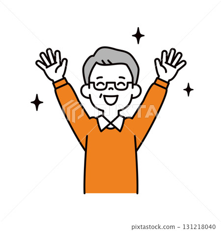 一個簡單的上身向量插圖，一位老人高興地舉起雙手 131218040