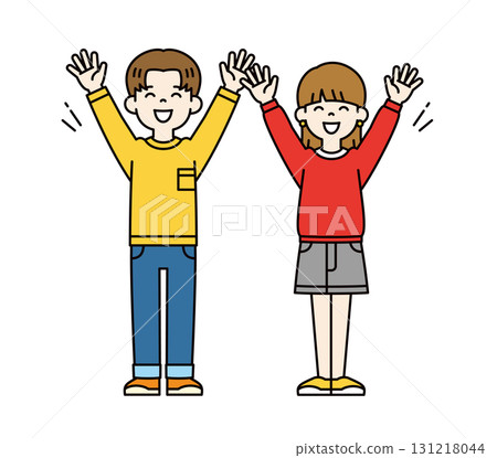 一個簡單的全身向量插圖，描繪了十幾歲和二十幾歲的男孩和女孩微笑和歡呼 - 顏色 131218044