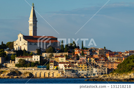 Rovinj coastal area and Church of St. Euphemia in summer season Rovinj coastal area and Church of St. Euphemia in summer season 131218218