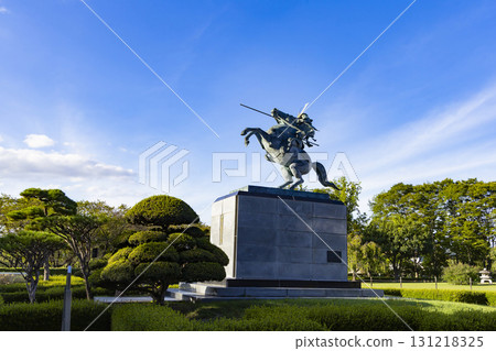 Kasuga Castle Park in Yamagata City and the equestrian statue of Mogami Yoshiaki 131218325