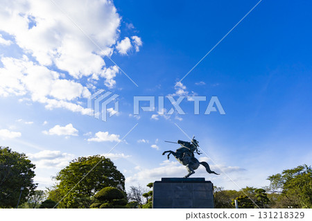 Kasuga Castle Park in Yamagata City and the equestrian statue of Mogami Yoshiaki Kasuga Castle Park in Yamagata City and the equestrian statue of Mogami Yoshiaki 131218329