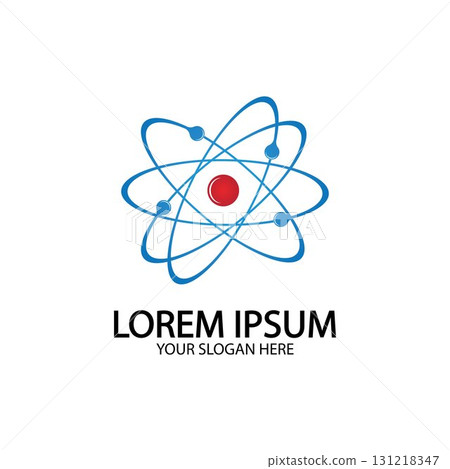 Atom icon. Vector illustration. Symbol of science, education, nuclear physics, scientific research. Three electrons rotate in orbits around atomic nucleus. Concept of elementary particles design. Atom icon. Vector illustration. Symbol of science, education, nuclear physics, scientific research. Three electrons rotate in orbits around atomic nucleus. Concept of elementary particles design. 131218347