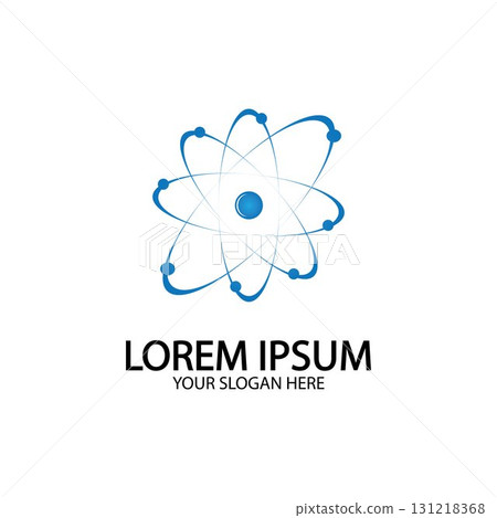 Atom icon. Vector illustration. Symbol of science, education, nuclear physics, scientific research. Three electrons rotate in orbits around atomic nucleus. Concept of elementary particles design. 131218368