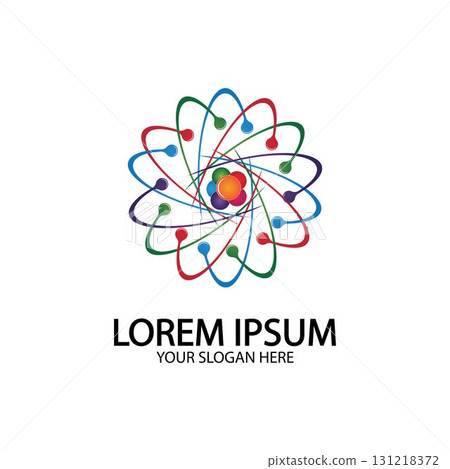 Atom icon. Vector illustration. Symbol of science, education, nuclear physics, scientific research. Three electrons rotate in orbits around atomic nucleus. Concept of elementary particles design. 131218372