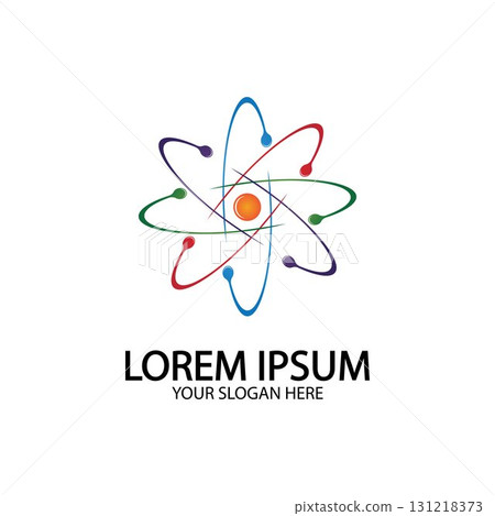 Atom icon. Vector illustration. Symbol of science, education, nuclear physics, scientific research. Three electrons rotate in orbits around atomic nucleus. Concept of elementary particles design. 131218373