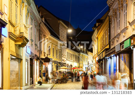 Bend of Tkalciceva street street, evening atmosphere in pedestrian zone of central Zagreb district. 131218383