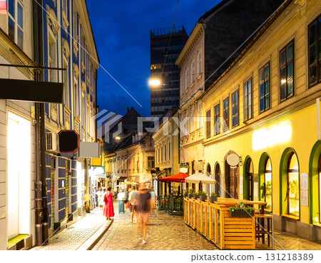 Bend of Tkalciceva street street, evening atmosphere in pedestrian zone of central Zagreb district. 131218389
