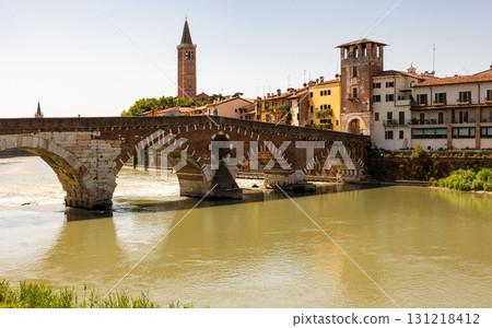 Ponte Pietra bridge in Verona with bell tower of Saint Anastasia church Ponte Pietra bridge in Verona with bell tower of Saint Anastasia church 131218412