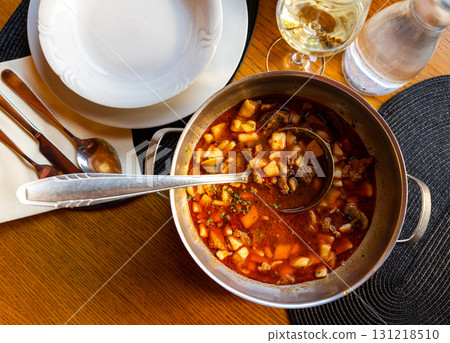 Croatian cobanac spicy meat stew served in pot 131218510