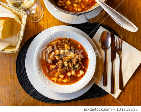Traditional Croatian cobanac stew in local restaurant setting 131218515