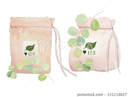 Tea bag with eucalyptus branches. Watercolor illustration on white. Minimalistic botanical design perfect for packaging, organic branding, natural lifestyle concepts, eco-friendly product decor. Tea bag with eucalyptus branches. Watercolor illustration on white. Minimalistic botanical design perfect for packaging, organic branding, natural lifestyle concepts, eco-friendly product decor. 131218627