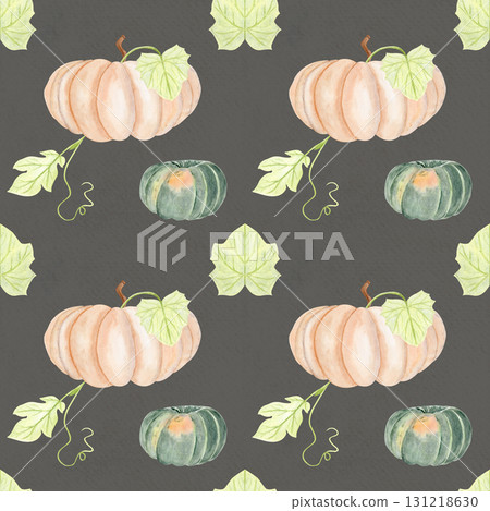 Beige squash, green pumpkin, and fresh leaf watercolor seamless pattern isolated on grey background. Hand-painted illustration perfect for Thanksgiving, fall textile, wrapping paper, rustic kitchen Beige squash, green pumpkin, and fresh leaf watercolor seamless pattern isolated on grey background. Hand-painted illustration perfect for Thanksgiving, fall textile, wrapping paper, rustic kitchen 131218630