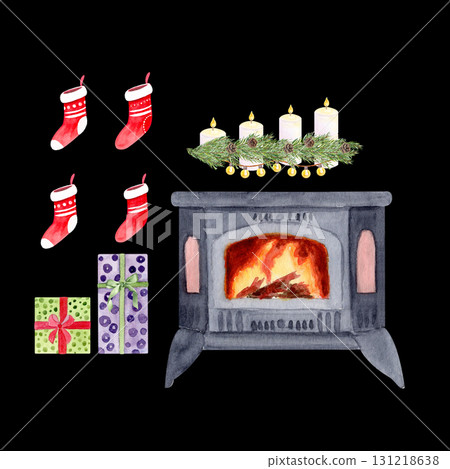 Burning fireplace, festive stockings, wrapped gifts, candles, pine garland holiday decor watercolor Christmas set. Ideal for greeting cards, posters, invitations, wrapping, seasonal designs on black Burning fireplace, festive stockings, wrapped gifts, candles, pine garland holiday decor watercolor Christmas set. Ideal for greeting cards, posters, invitations, wrapping, seasonal designs on black 131218638