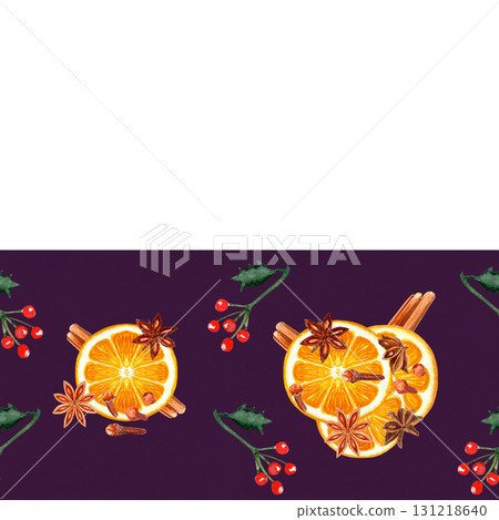 Orange slices with cinnamon sticks, anise stars, cloves, holly leaves, red berries watercolor border on dark. Perfect for festive invitations, seasonal menus, packaging, banners, holiday stationery. Orange slices with cinnamon sticks, anise stars, cloves, holly leaves, red berries watercolor border on dark. Perfect for festive invitations, seasonal menus, packaging, banners, holiday stationery. 131218640