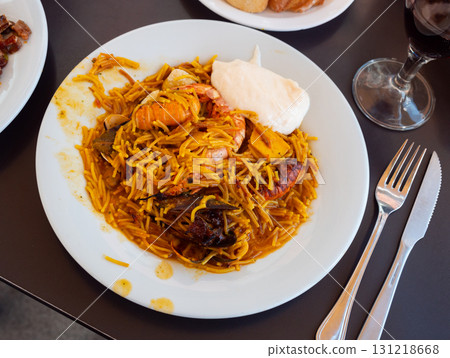 Buckwheat noodles with seafood and vegetables, close up Buckwheat noodles with seafood and vegetables, close up 131218668