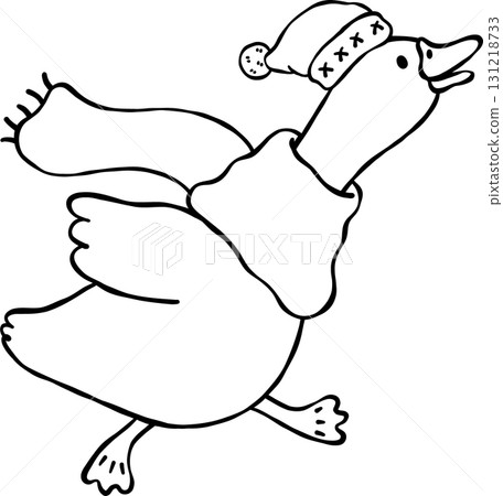 Autumn Silly Goose Wearing Hat and Scarf Cartoon Outline Hand Drawn Black and white Autumn Silly Goose Wearing Hat and Scarf Cartoon Outline Hand Drawn Black and white 131218733