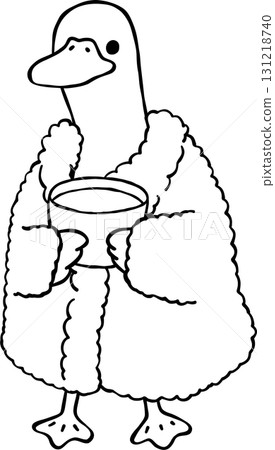 Autumn Silly GoosAutumn Silly Goose Drinking Coffee in Fur Coat Robe Cartoon Outline Hand Drawn Black and white 131218740