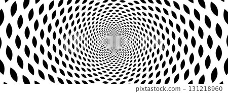 Geometric optical illusion background. Black and white hypnotic rotating ovals surface. Spinning spiral ellipse poster design. Abstract trippy illusion wallpaper for banner, template design. Vector 131218960