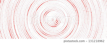 Red halftone concentric background. Dotted radial gradient texture. Red ripple sonic wave wallpaper. Vector rasterized rough circle backdrop for epicenter, target, radar signal, vibration, aftershock 131218962