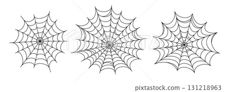 Black spooky spider web set. Creepy cobweb collection. Halloween frame and borders elements for banner, poster, decoration. Linear scary tangled net bundle. Vector Haloween outline pack 131218963