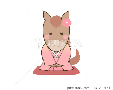 A cute horse in pink Japanese clothing greeting (line drawing) 131219161