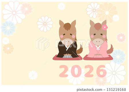 華麗的新年賀卡模板,以身著日本傳統服裝的可愛馬匹為特色(橫向) 華麗的新年賀卡模板,以身著日本傳統服裝的可愛馬匹為特色(橫向) 131219168