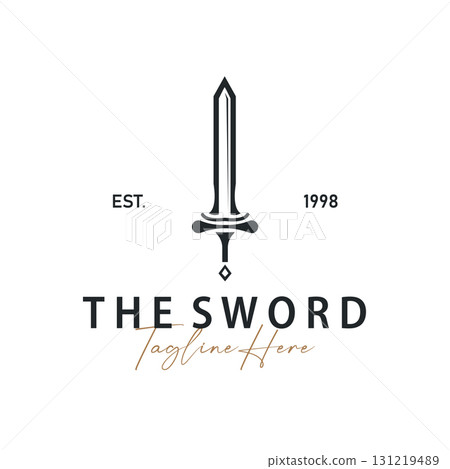 Sword logo design with simple black silhouette knight weapon concept templet illustration symbol icon 131219489