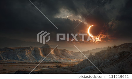 Solar eclipse over dramatic rocky landscape with glowing sky and moody clouds at sunset Solar eclipse over dramatic rocky landscape with glowing sky and moody clouds at sunset 131219621