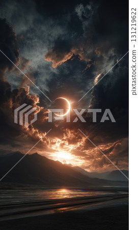 Solar eclipse over dramatic mountain landscape with glowing clouds and reflective water 131219622