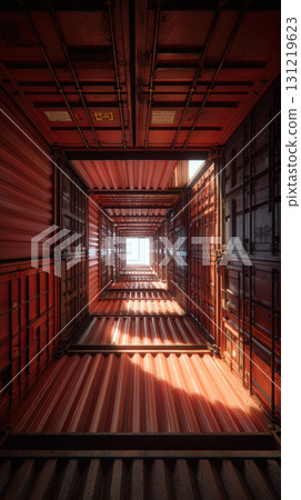 Stack shipping container geometric empty industrial red metal create dramatic tunnel effect Stack shipping container geometric empty industrial red metal create dramatic tunnel effect 131219623