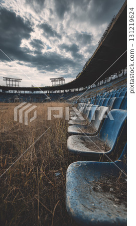 Abandoned stadium blue seat, overgrown grass, cloudy sky, decaying, empty, moody atmosphere Abandoned stadium blue seat, overgrown grass, cloudy sky, decaying, empty, moody atmosphere 131219624