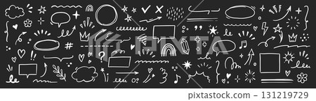 Line brush heart vector set on chalkboard. Hand drawn sketch doodle style arrow, cloud, star with marker stroke pencil highlight. Cute handwritten crown, heart, star line shapes. Vector 131219729