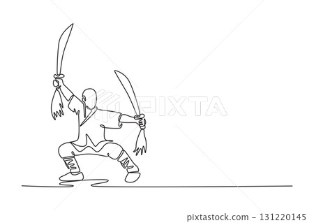 Continuous one line drawing attractive man in powerful horse stance, wielding two broadswords, dynamic combat of traditional Shaolin Kung Fu weapon. Single line draw design vector graphic illustration 131220145