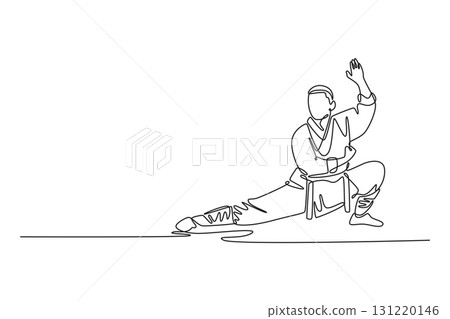 Single continuous line drawing male in powerful stance, with one hand raised in block, disciplined and low-to-the-ground movements of Shaolin Kung Fu. One line draw graphic design vector illustration 131220146
