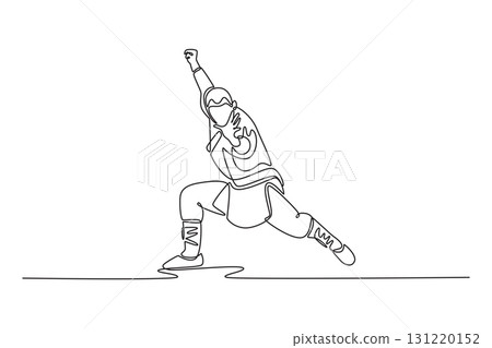 Single continuous line drawing man in powerful, low stance, with one arm raised in strike or block, strength and disciplined form of Shaolin Kung Fu. One line draw graphic design vector illustration 131220152