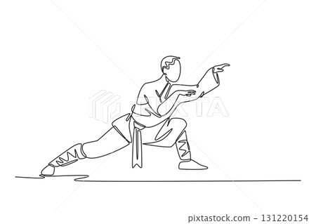 Single one line drawing man in dynamic fighting stance, hands poised and ready, capturing focused energy and fluid movement of Shaolin Kung Fu. Continuous line draw design graphic vector illustration 131220154